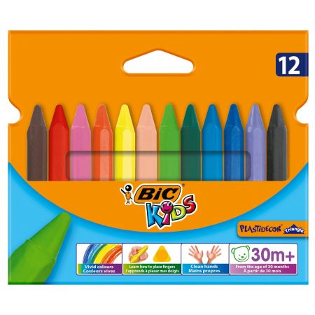 Creioane cerate triunghiulare BIC Kids Plastidecor, 12 culori/se